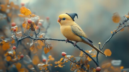 Obraz premium A tiny parrot wearing a witch's hat on a branch is a symbol of Halloween or Day of the Dead, which falls on October 31st every year.