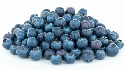Pile of blueberries on a white background. The blueberries are small and round. There are at least 15 blueberries in the pile. fresh blueberry, isolated on white background