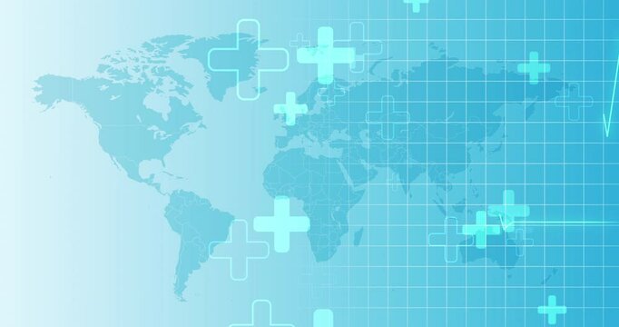 World, map and medical status with symbol for global healthcare, monitor or rhythm on overlay. Icon, addition or plus sign with cardiograph for heart rate, health and wellness of healing economy