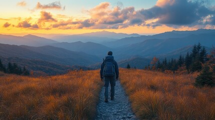 Obraz premium The image of a person at the beginning of a hiking trail, ready to explore, represents travel, new beginnings, and finding a new path in life.