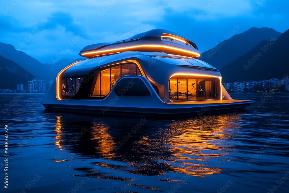 Poster floating ocean lab, with sleek, modern architecture and glowing technology, conducting experiments o
