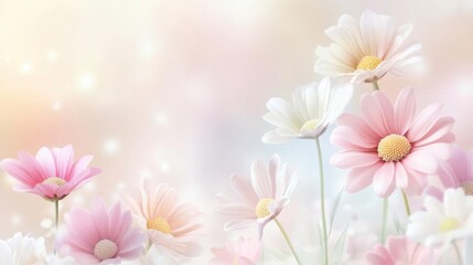 Fototapeta premium A soft, dreamy composition of pastel flowers in bloom, evoking feelings of tranquility and natural beauty.