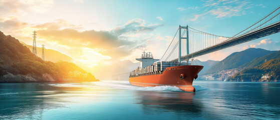 Obraz premium A cargo ship navigates through a serene waterway under a majestic bridge during sunset, showcasing maritime transport and nature.
