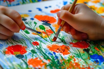 Naklejka premium Child hands paints a picture, kid drawing flowers by gouache, paint brush in hands, creative child art