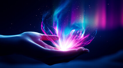 Hands holding colorful light beams, with vivid auroras lighting up the sky in the background, visualizing dreamlike possibilities