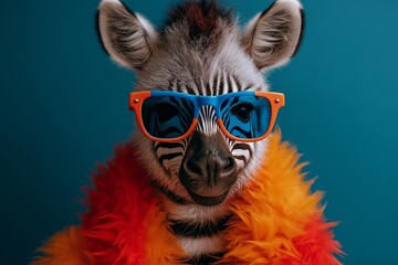 Zebra wearing sunglasses and a pink background. The zebra is smiling. The sunglasses are black. hippie zebra with colorful mane and sunglasses whit copy space