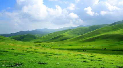 Naklejka premium A glorious display of beautiful scenery with natural beauty and expansive grasslands. The grasslands are a vivid green, stretching as far as the eye can see. There are wildflowers dotting the landscap