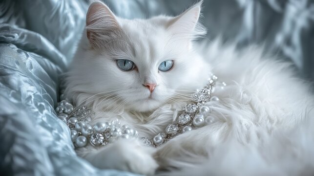 A beautiful white cat adorned with sparkling pearls and jewels rests gracefully on soft fabric, exuding elegance and poise. The serene expression adds to its charming presence