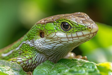 Fototapeta premium Green lizard is on a leaf. The lizard has a green head and a white belly. The lizard is on a leaf that is green and has some water droplets on it. lizard, macro photography