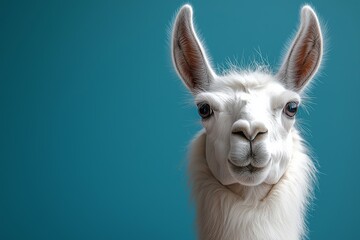 Obraz premium White llama with a blue background. The llama has a pink nose and is looking at the camera. Llama in a solid colour background copy space
