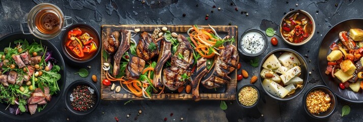 Oriental Food Collection, East Europe Dishes with Grilled Lamb Chops with Sauce, Duck Breast Salad