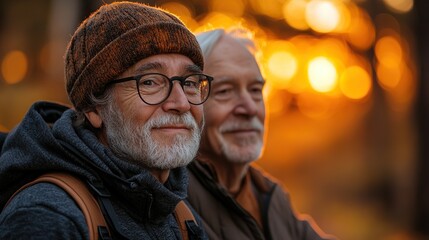 an adult hipster son with senior father in wheelchair on walk in nature at sunset laughing