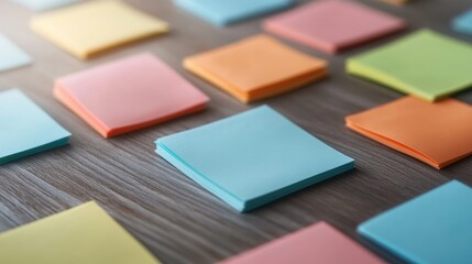 Fototapeta premium Colorful sticky notes arranged on a wooden surface