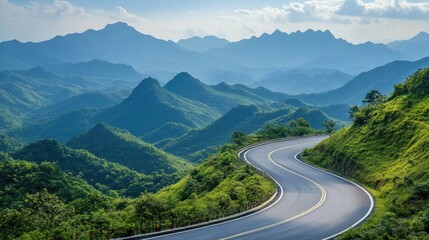 Fototapeta premium A scenic Chinese highway winding through mountains, with space for copy text in the background.