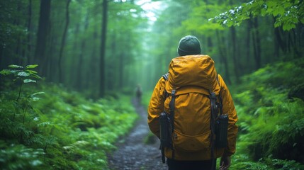 Naklejka premium A person is walking down a path in a lush forest at the beginning, expressing a journey, adventure, starting a new journey, new experiences.