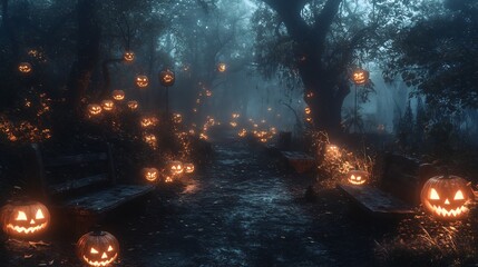 Haunted forest path lined with glowing Jack O' Lanterns old wooden benches and a thick mist