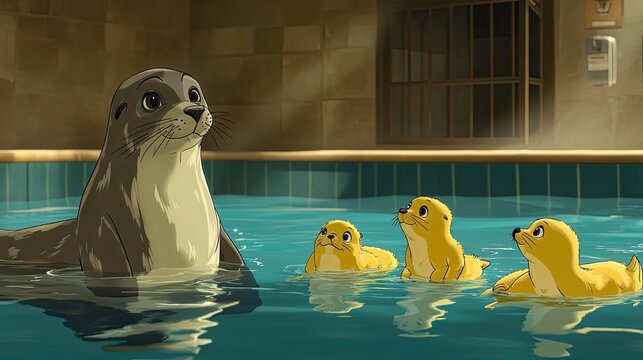 A Grey Seal and Three Yellow Seal Pups in a Pool