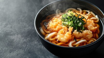 A steaming bowl of udon noodles with tempura, top view, with space for copy text.