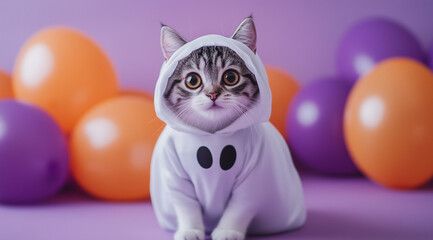 A cat in a ghost costume with balloons, created with Generative AI technology.