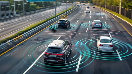 Autonomous cars driving on a highway. The cars are equipped with sensors that allow them to navigate safely and efficiently.