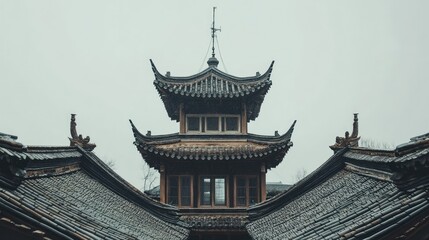 Fototapeta premium A telecommunications tower rising above traditional Chinese architecture, leaving room for copy space.