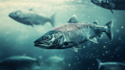 Fototapeta premium Salmon swimming on the surface of fish farm. fish. Illustrations 