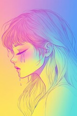 Line art illustration featuring a rainbow gradient depicting a cartoon girl in tears