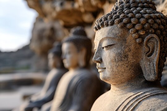 closeup of a weathered ancient buddha statue in a mountain background