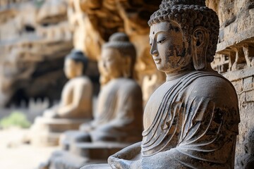 closeup of a weathered ancient buddha statue in a mountain background