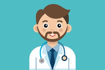 A cheerful cartoon doctor is smiling, wearing a white coat and stethoscope, ready to engage with patients in a friendly healthcare setting.