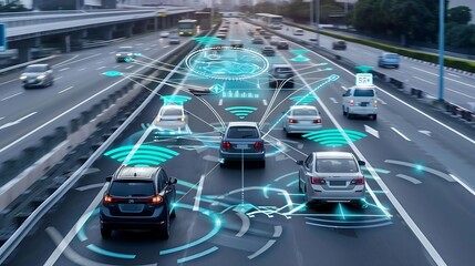 Autonomous driving technology, showcasing connected cars on a highway with digital interfaces and sensors for navigation and safety.
