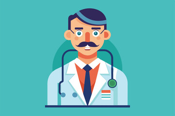 A cheerful doctor with a mustache is wearing a white coat and a stethoscope, showcasing a welcoming demeanor in a colorful, modern environment.