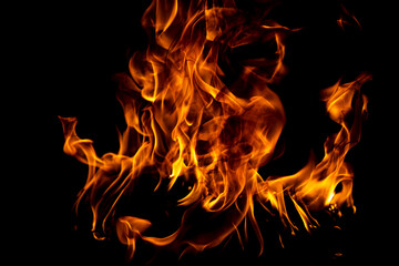 Fototapeta premium Fire flame isolate on black background. Burn flames, abstract texture. Art design for fire pattern, flame texture.