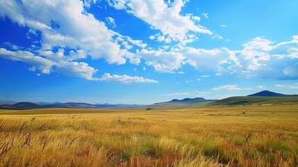 Obraz premium A glorious display of beautiful scenery with natural beauty and expansive grasslands. The grasslands are a vivid green, stretching as far as the eye can see. There are wildflowers dotting the landscap