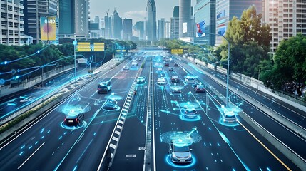 Futuristic cityscape with autonomous vehicles driving on a highway with digital networks and connectivity.