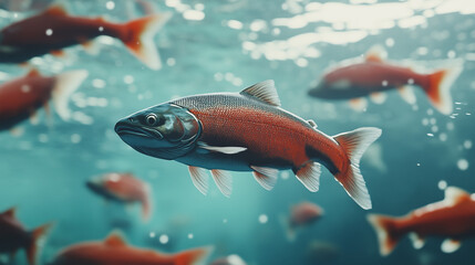 Fototapeta premium Salmon swimming on the surface of fish farm. fish. Illustrations 