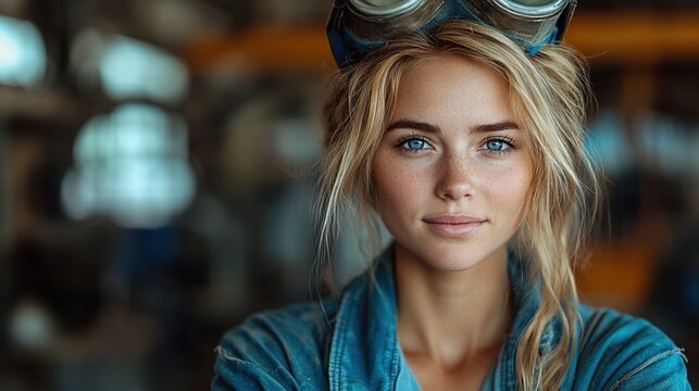 beautiful blonde woman works as welder in workshop reading blueprints wearing protective clothing, welding mask