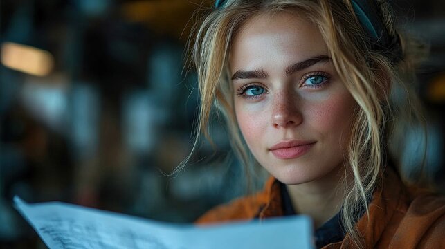 beautiful blonde woman works as welder in workshop reading blueprints wearing protective clothing, welding mask