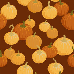 vector drawing seamless pattern with vegetables, orange and yellow pumpkins thanksgiving day background, hand drawn illustration