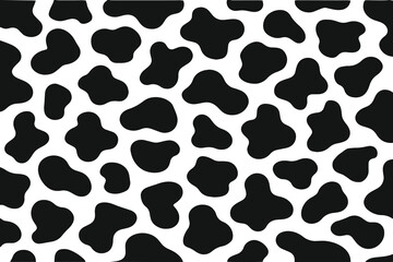 Cow print seamless pattern vector, animal print with skin spot texture. Abstract black shapes design or cow black spots on white background.