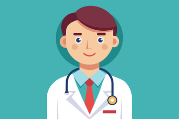 Fototapeta premium A welcoming doctor wears a lab coat and stethoscope, ready to assist patients with a smile in a bright and cheerful clinic environment.