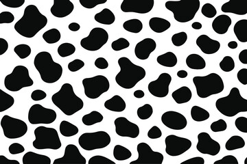 Cow print seamless pattern vector, animal print with skin spot texture. Abstract black shapes design or cow black spots on white background.