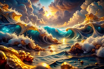 From above, a kaleidoscope of blue and white liquids, infused with gold, unravels across a maroon and bronze sea, bathed in soft, luminescent light, in a fantastical, dreamlike setting.