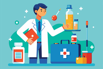 A doctor in a white coat administers medication with medical tools and a thermometer in a clinical environment.