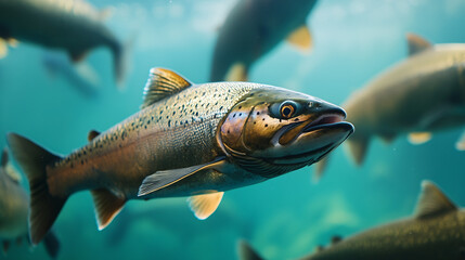 Fototapeta premium Salmon swimming on the surface of fish farm. fish. Illustrations 