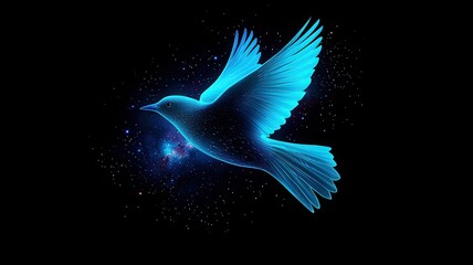 Obraz premium A glowing blue bird gracefully flying against a dark cosmic background, radiating beauty and tranquility.