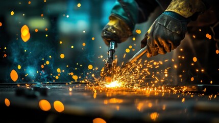 A skilled welder uses a torch, creating bright sparks in a bustling workshop. The atmosphere is filled with energy and focused concentration on the craft