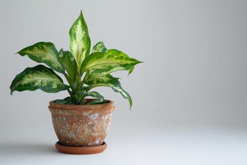 Obraz premium Dieffenbachia in Flowerpot Closeup, Dieffenbachia Macro House Plant in Flowerpot on White