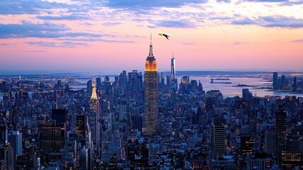 Obraz premium A stunning skyline view of New York City at dusk, showcasing iconic skyscrapers against a colorful sunset.