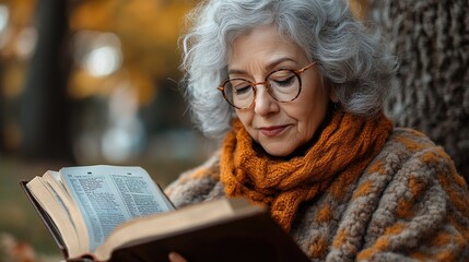 beautiful elderly woman reading book outdoor in park having relaxing moment grandmother reading the bible in the cemetery